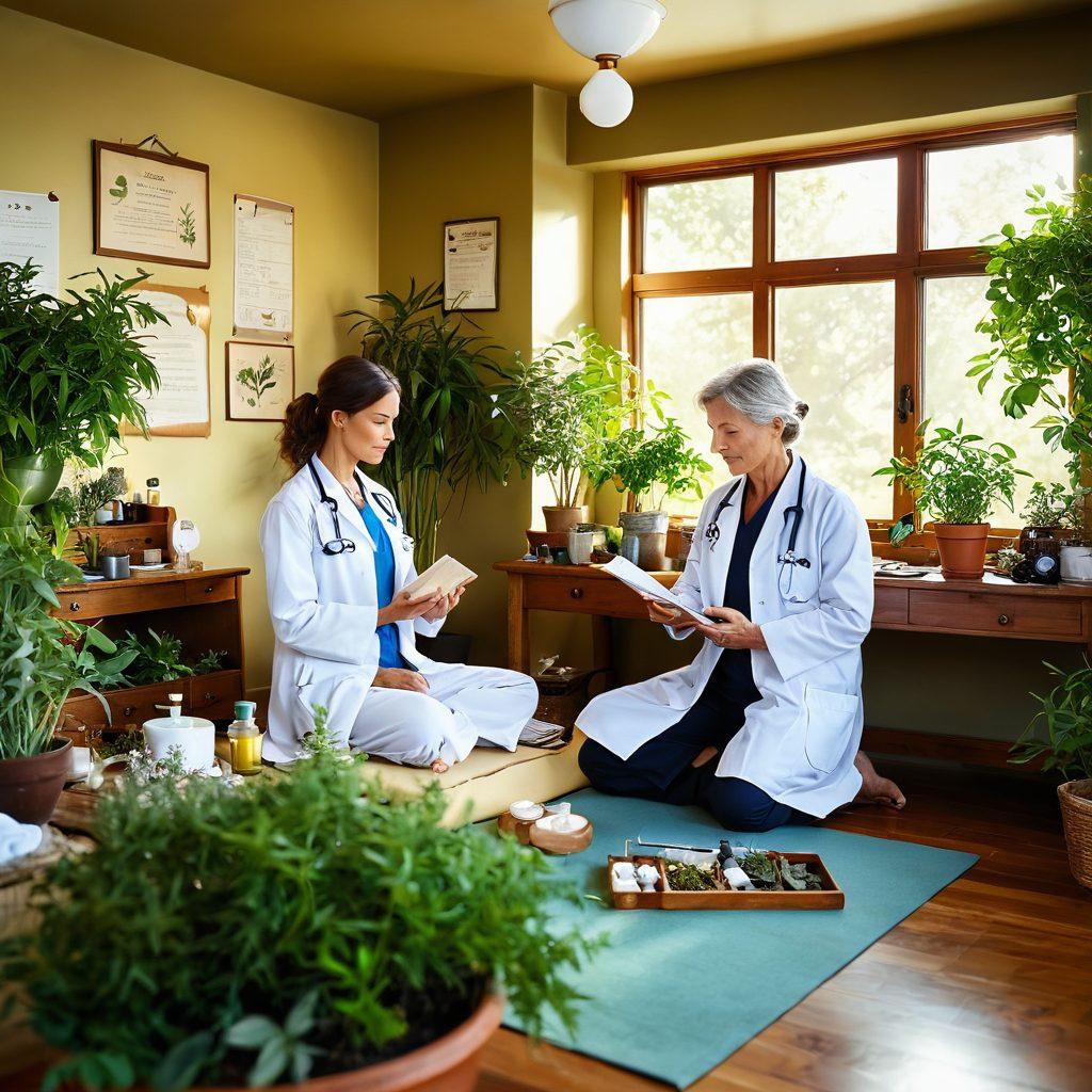 A serene and vibrant scene depicting a doctor and a practitioner of alternative medicine collaborating in a sunlit clinic filled with plants. One side features traditional medical tools like stethoscopes and charts, while the other showcases herbal remedies and yoga mats. Include a patient receiving a comforting treatment, symbolizing holistic healing. Bright and inviting atmosphere. super-realistic. vibrant colors. natural light.