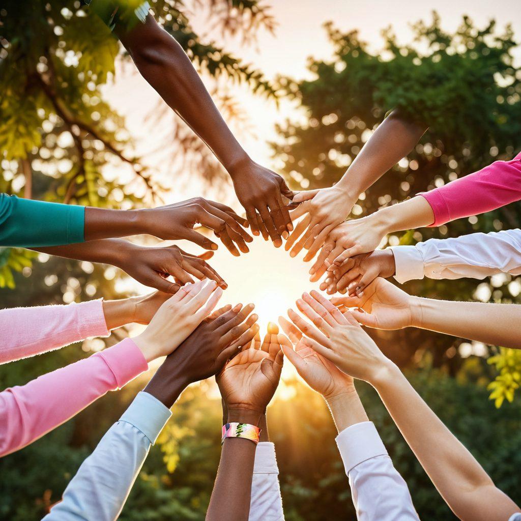 A powerful scene depicting a diverse group of cancer survivors, united in a circle, holding hands and smiling, with a vibrant sunset in the background symbolizing hope and resilience. Include elements like ribbons representing various cancers and a soft focus on their faces to convey emotion. Lush greenery surrounds them, enhancing the community feel. super-realistic. warm colors. uplifting atmosphere.
