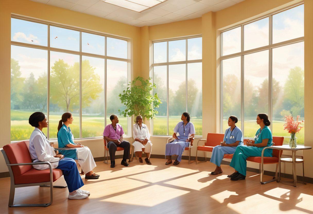 A serene scene depicting a diverse group of individuals gathered in a bright, inviting healthcare setting, showcasing compassion and support. Include elements like medical professionals engaging with patients, soothing colors, and symbols of hope like butterflies or blooming flowers. Emphasize an atmosphere of empowerment and community, with soft natural lighting streaming in through large windows. vector art. vibrant colors. calming atmosphere.